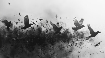 A flock of birds flying in the sky. The birds are black and white. The image has a mood of freedom and movement - obrazy, fototapety, plakaty