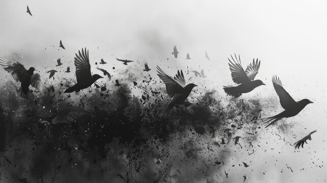 A flock of birds flying in the sky. The birds are black and white. The image has a mood of freedom and movement