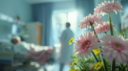 Flowers in the foreground with a hospital room blurred in the background