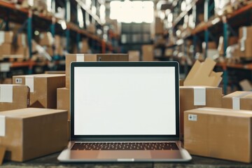 Delivery service business concept with warehouse full of parcels and laptop computer with mockup - obrazy, fototapety, plakaty