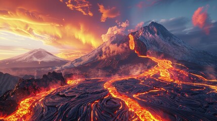 A volcano with a lava flow and a mountain in the background. The sky is orange and the volcano is spewing lava