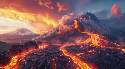 Tuinposter A volcano with a lava flow and a mountain in the background. The sky is orange and the volcano is spewing lava © Sodapeaw