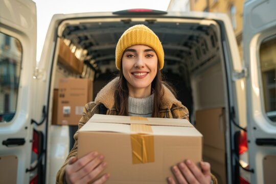 Delivery woman holding cardboard parcel open delivery van