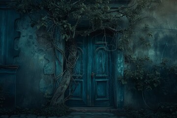   A green door, adorned with vines, sits next to a building where more vines climb its side A tree grows directly from the wall - obrazy, fototapety, plakaty