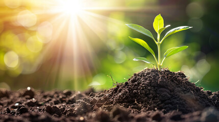 A small plant is growing in the dirt. The sun is shining on the plant, making it look bright and healthy - obrazy, fototapety, plakaty