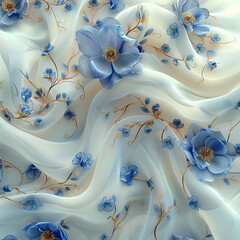 3D rendering of white silk fabric with a floral pattern, done in a hyper-realistic style.