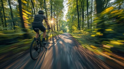 A man is riding a bicycle down a road in a forest. The sun is shining brightly, casting a warm glow on the scene. Concept of freedom and adventure