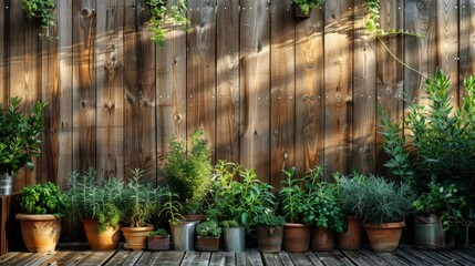 A wooden fence with a variety of potted plants growing along it. The plants are of different sizes and colors, creating a vibrant and lively atmosphere. The fence serves as a natural border