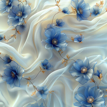 3D rendering of a seamless repeating texture of white silk fabric with a floral pattern, done in a hyper-realistic style.