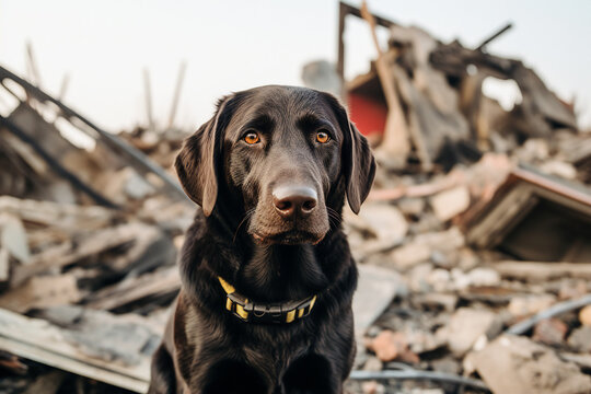 Generative AI image of rescue dog searcher on the ruins of a building after an earthquake
