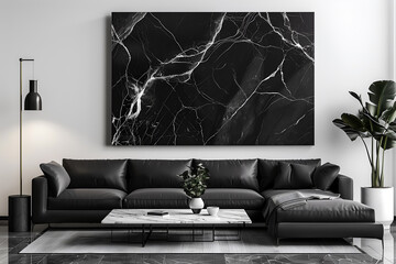 Modern contemporary living room interior in dark colors with a black marble painting on the wall. Interior design visualization