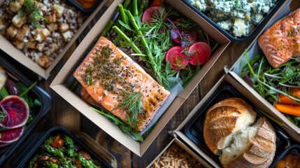 Overhead shot of takeaway boxes filled with grilled salmon, fresh vegetables, and whole grains for a sustainable dining option. - obrazy, fototapety, plakaty