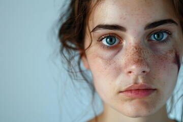 Fototapeta premium Portrait of violence victim bruised woman with black eye white background