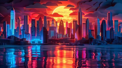 A city skyline with a large red sun in the background. The sun is reflecting off the water, creating a beautiful and serene atmosphere