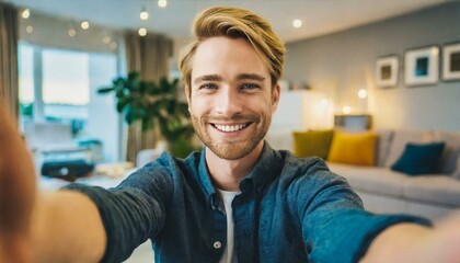 Obraz premium Selfie picture of a happy young handsome millennial man smiling at the camera in the living room in a modern home