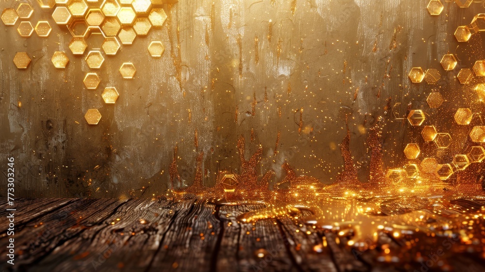 Poster a gold and orange background with a lot of hexagonal shapes. the background is a bit blurry and has 