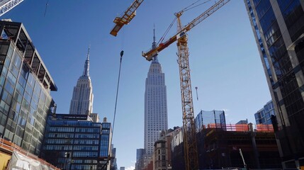 Fototapeta na wymiar A towering crane lifts a pole, a critical piece in the puzzle of constructing a skyscraper