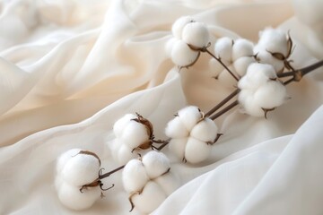 Elegant Cotton Bolls on White Fabric background - obrazy, fototapety, plakaty