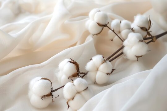 Elegant Cotton Bolls on White Fabric background