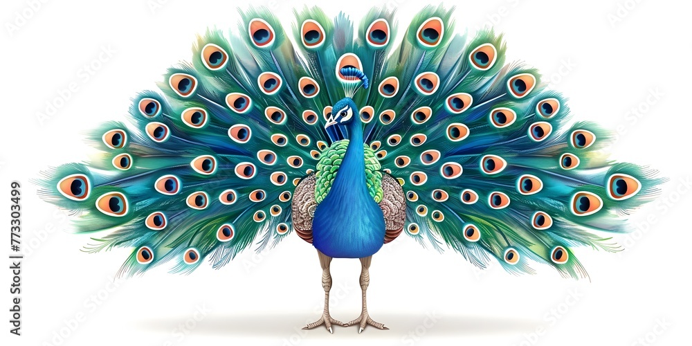 Poster majestic peacock displaying its magnificent feathered fan on isolated background with ample copy spa