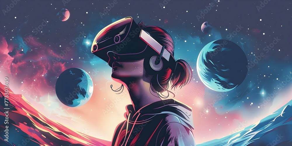 Poster cosmic creator constructing imaginative worlds in virtual reality landscape