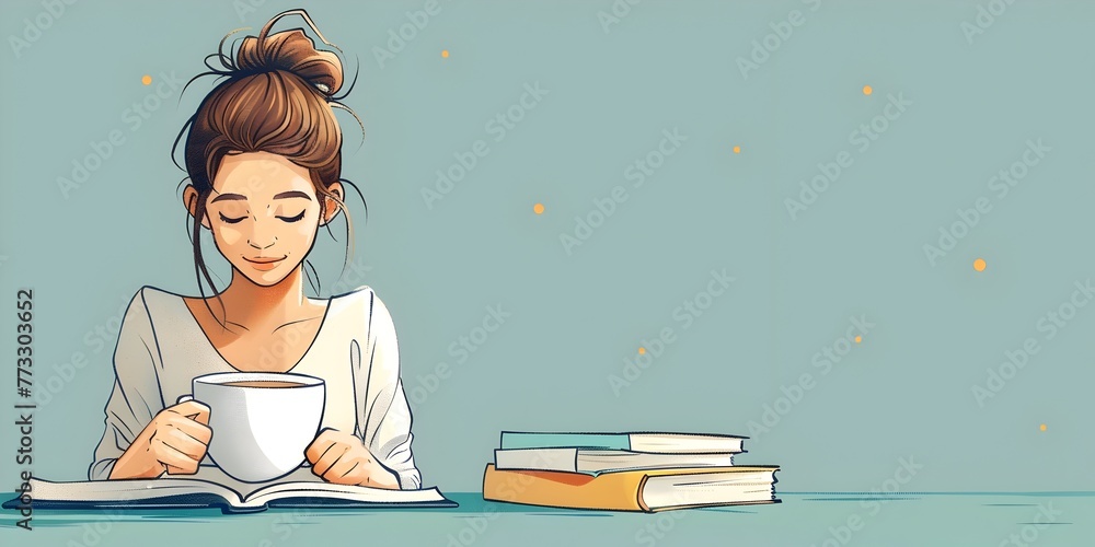 Poster student enjoys a warm drink while studying and reading at their desk