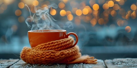 Cozy Morning Embrace with Aromatic Coffee Steam in Chilly Outdoor Solitude - obrazy, fototapety, plakaty