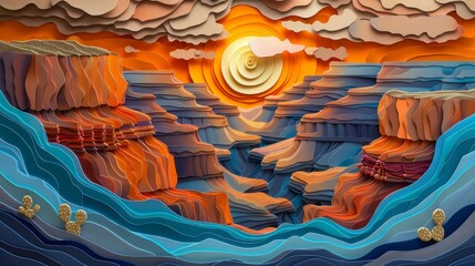 A paper cutout of a canyon with a sun in the sky