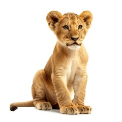   A young lion cub gazes at the camera with a curious expression against a pristine white backdrop