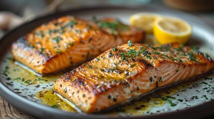 Two pieces of salmon are on a plate with lemon slices and herbs. The salmon is cooked and looks delicious