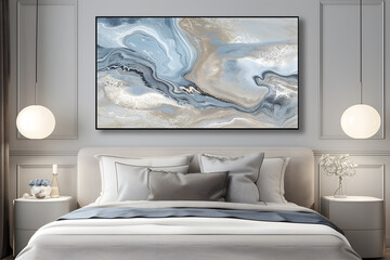 Modern contemporary bedroom interior in lignt colors with a marble painting on the wall. Interior design visualization