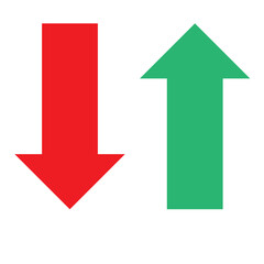 Simple up and down arrows. Upward, downward arrows in green and red isolated on white background, set of two. Flat style eps 10 vector illustration.