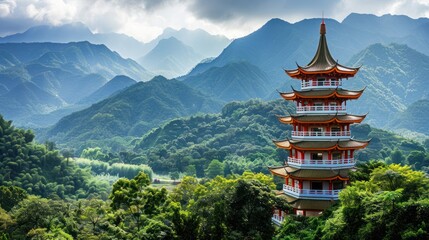 A traditional Chinese pagoda set against a backdrop of lush mountains.
