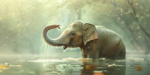 Mighty Elephant Character Showering in Serene River Surrounded by Lush Nature - obrazy, fototapety, plakaty