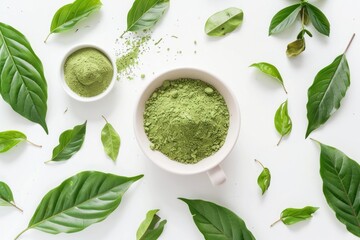 Explosive matcha tea mockup with flavored powder and kratom leafs on white background
