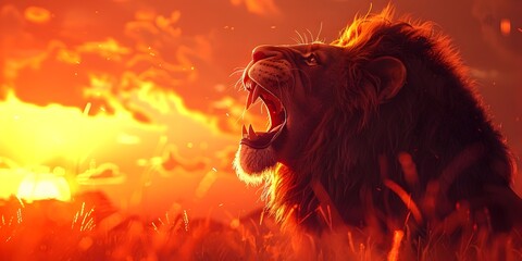 Majestic Lion Roaring Amidst Fiery Sunset Landscape Embodying the Call of the King