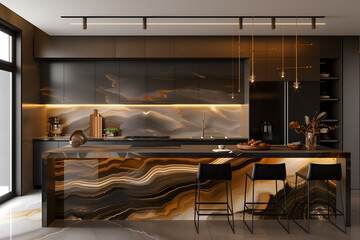 Modern contemporary kitchen interior in dark colors with a marble wall. Interior design visualization