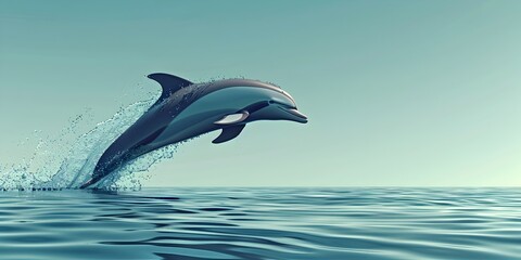 Leaping Dolphin Emerging from Turquoise Ocean with Graceful Arc and Splashing Waves in Picturesque Natural Scenery