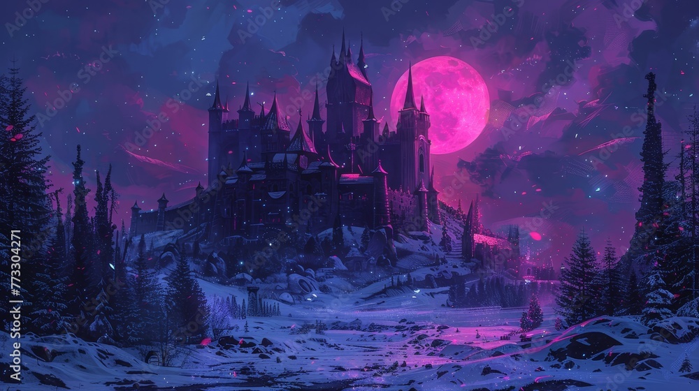 Poster a castle with a pink moon in the sky. the castle is surrounded by trees and there is a body of water