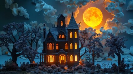 A house with a large moon in the sky. The house is lit up with lights and there are pumpkins on the porch. Scene is spooky and eerie