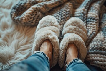 Female feet in nice warm fuzzy soft slippers. Clothes and shoes for home, warm slippers for cold weather