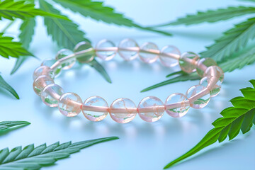 Spiritual Cannabis Bracelet on a white background with cannabis leaves on blue background