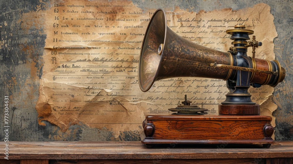 Poster an old fashioned record player sits on a wooden table next to a piece of paper with writing on it
