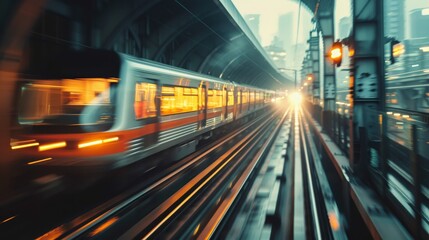 A train is speeding down the tracks, with the lights of the train shining brightly. The scene is set in a city, with tall buildings in the background. The train is the main focus of the image - obrazy, fototapety, plakaty