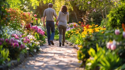 A romantic stroll through a garden with flowers blooming to celebrate an anniversary
