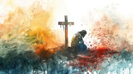 Watercolor illustration of Jesus s moment of reflection with the cross, a blend of sorrow and hope
