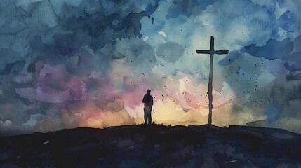 Watercolor image of a devout man in prayer, cross standing against a twilight sky - obrazy, fototapety, plakaty