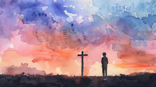 Watercolor image of a devout man in prayer, cross standing against a twilight sky