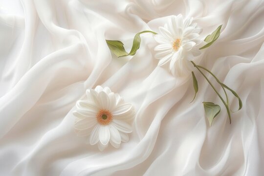 Fresh flower on background of light fabric. Creative laundry conditioner, smoothing and floral fragrance