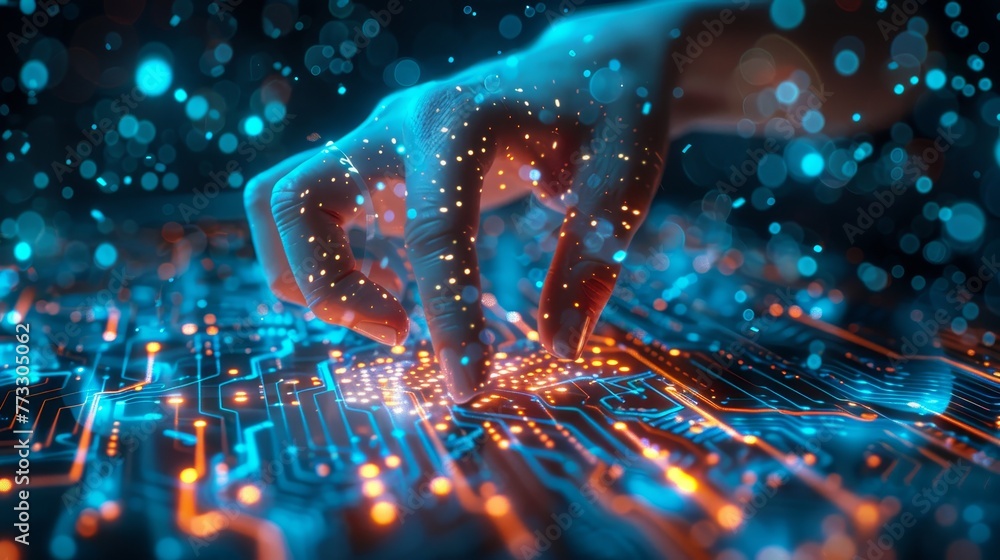 Poster a hand is touching a computer chip. the image is a representation of the human touch on technology
